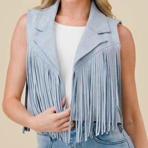 Saints & Hearts Womens Dusty Blue Faux Suede Fringe Western Cropped Vest Small